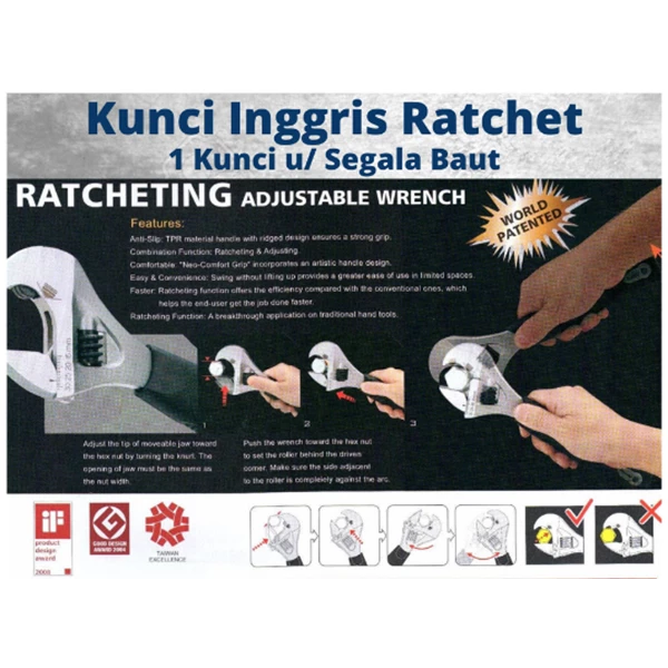 Kunci Inggris Ratchet ARCA Ratcheting Adjustable Wrench 8 - 10"