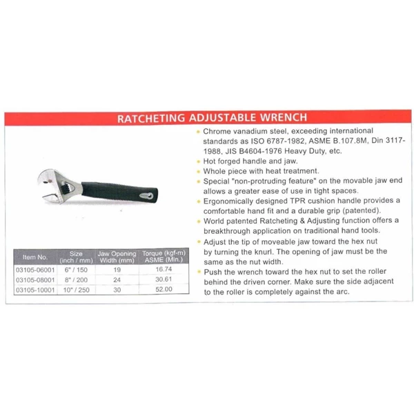 Kunci Inggris Ratchet ARCA Ratcheting Adjustable Wrench 8 - 10"