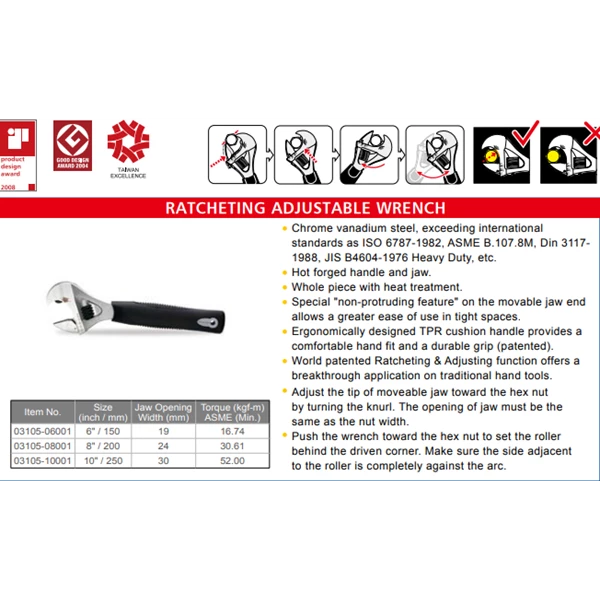 ARCA 10" Ratcheting Adjustable Wrench 0 - 30 mm Wider