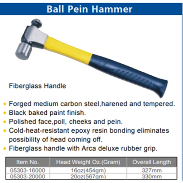 ARCA 16oz Ball Pein Hammer With Fiberglass Handle Rubber Grip