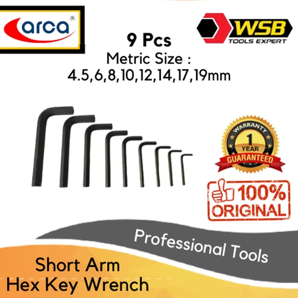 ARCA 9 Pcs Short Arm Hex Key Wrench Set 4.5 - 19mm